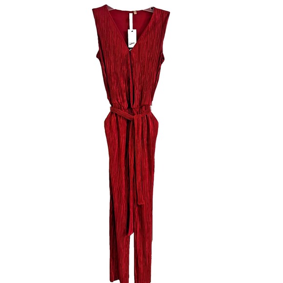 NWT NY Collection Wine Micro Pleated Jumpsuit Sz XS Sleeveless Tie Belt Career - Picture 2 of 14